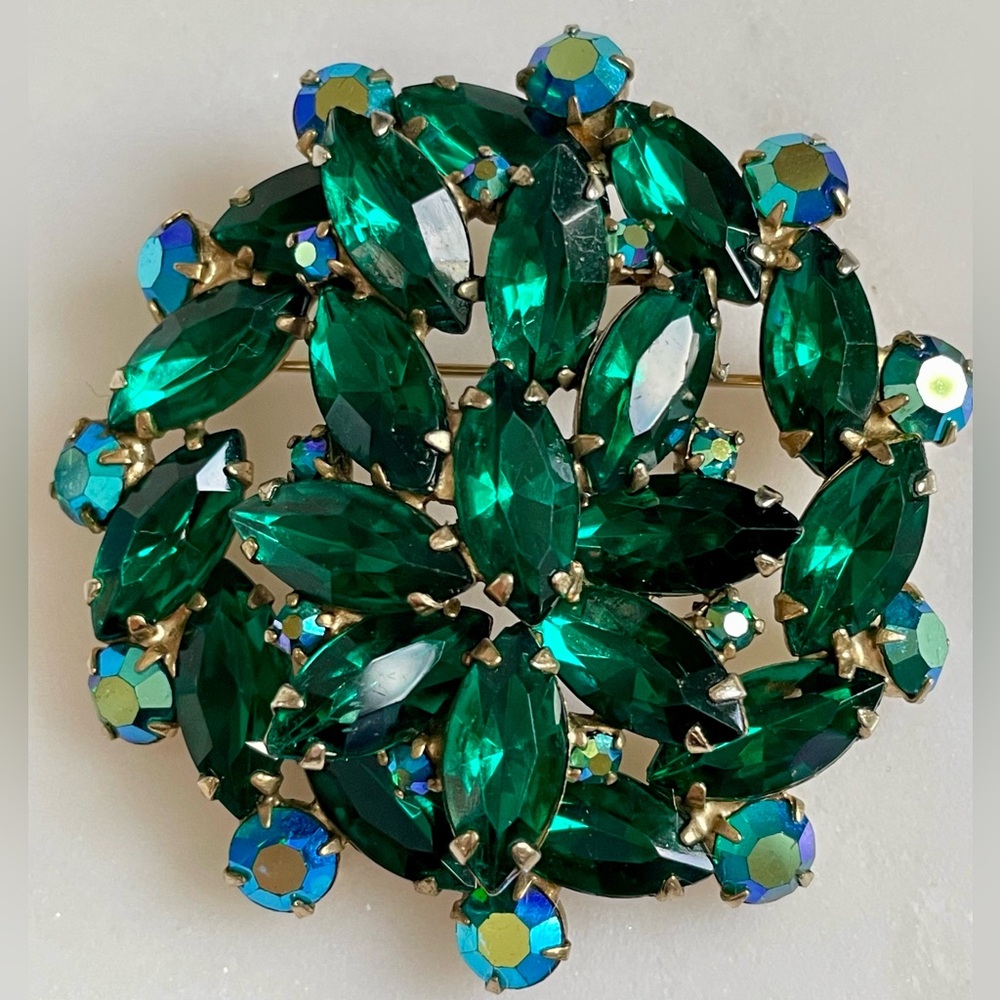 Emerald Green Crystal Cluster Brooch - Women Jewelry Vintage